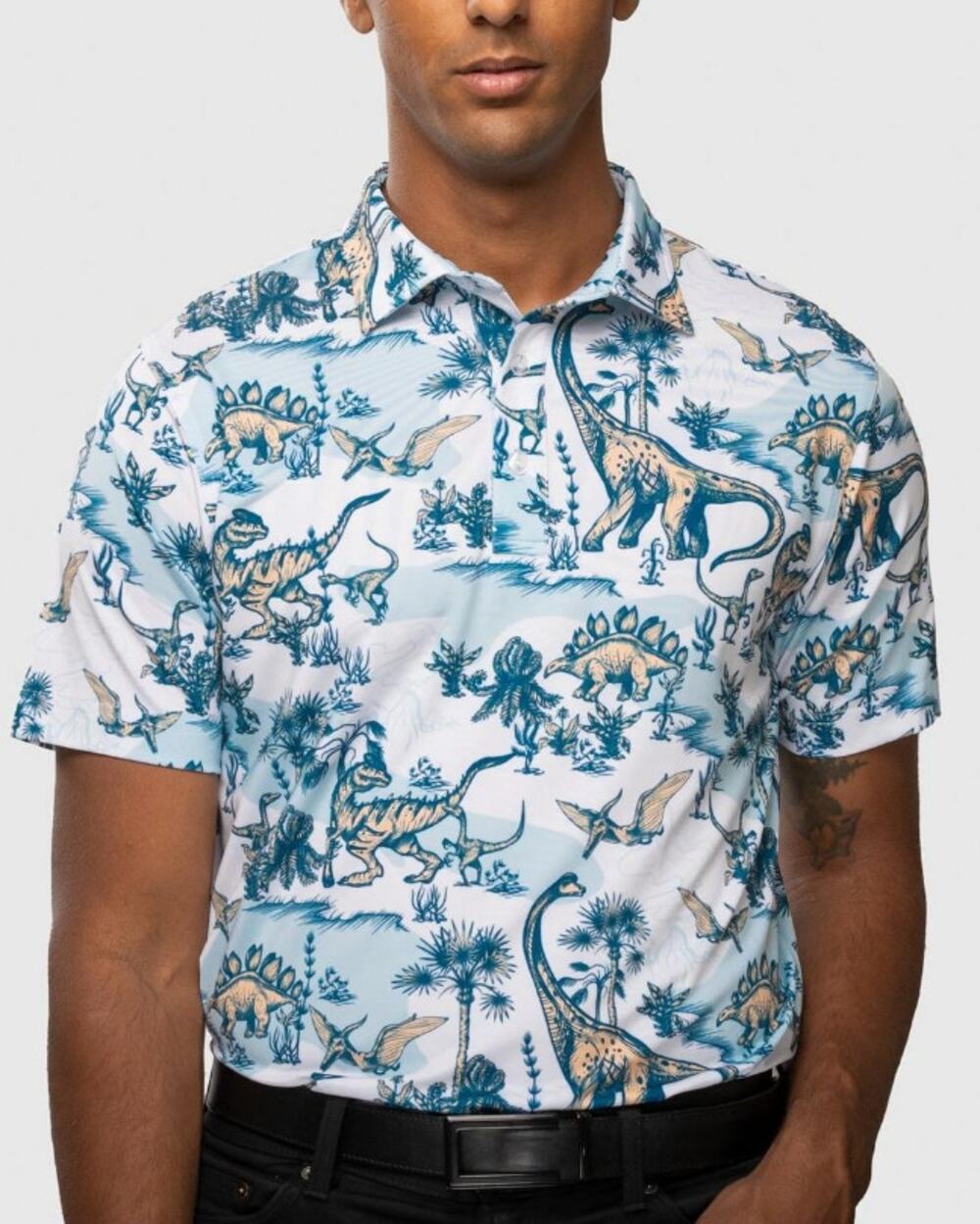 Waggle Land Before Performance Golf Polo Shirt White Dino Short Sleeve Men's S